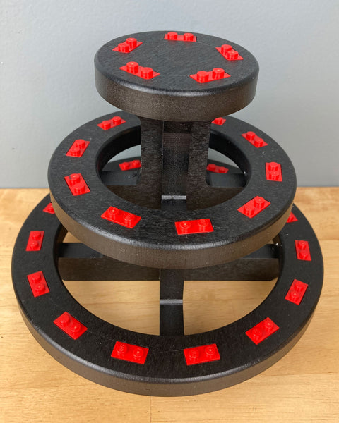 Round 3-Tier Minifigure Display Stand with Red Bricks